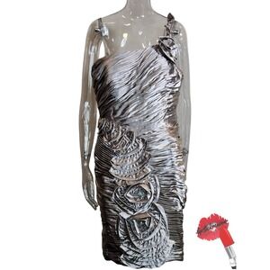 Annabelle Dress Women 16 Pewter‎ Midi One Shoulder Bling Ruched Wedding Guest